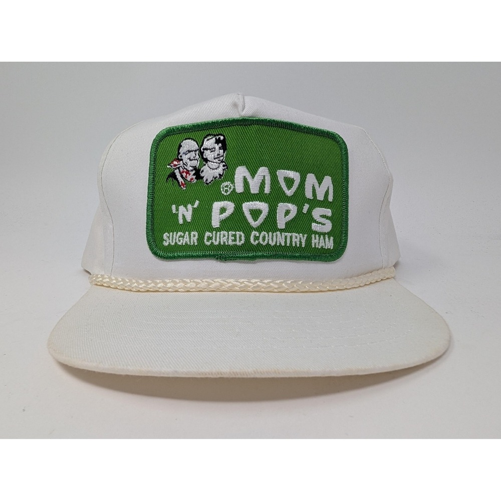 VINTAGE Mom 'N' Pop's Hat Cap Snap Back Mens One Size White Country Ham Patch